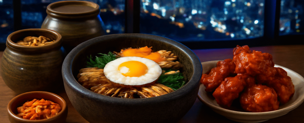 Korean bibimbap, kimchi, and fried chicken with city backdrop