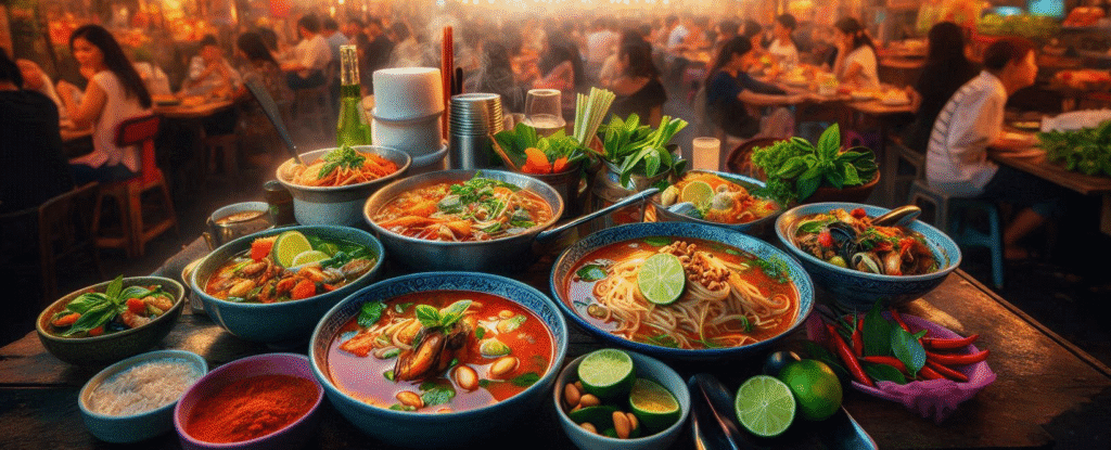 Thai street food with Pad Thai, Tom Yum, and Green Curry in a night market