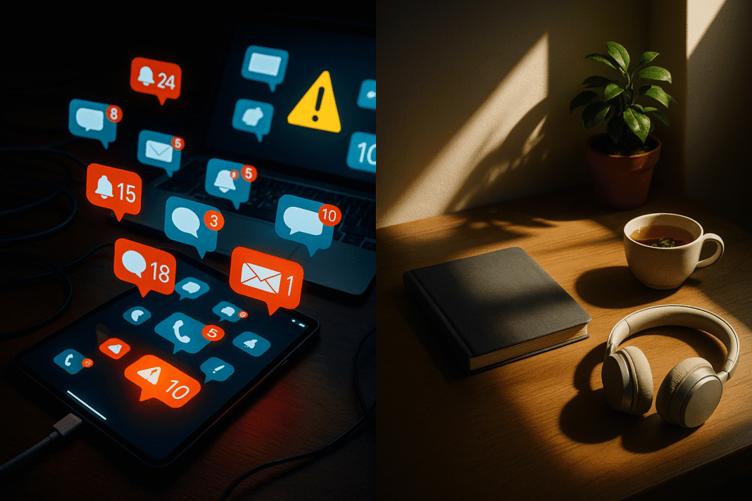 Side-by-side comparison of digital overload with glowing notifications on devices and a calm workspace featuring a journal, tea, and headphones, symbolizing mental fatigue and wellness balance.