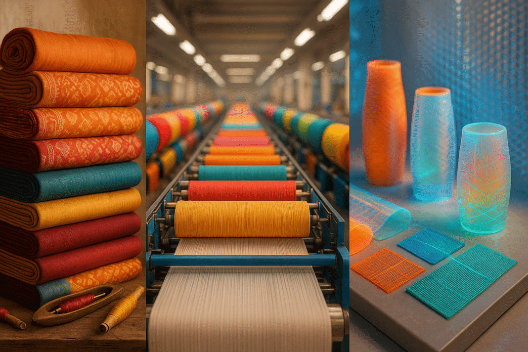 A vibrant panorama showing the evolution of Indian textiles from handloom to smart fabrics