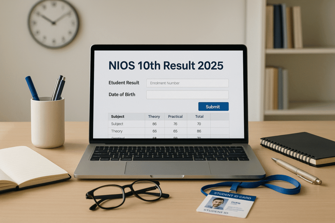 Laptop screen showing NIOS 10th Result 2025 with study essentials on table (NIOS Result)