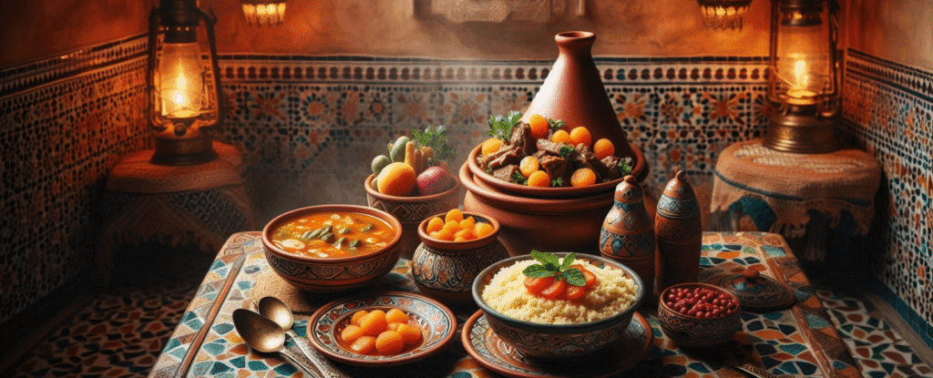 Moroccan tagine, couscous, and soup on mosaic table