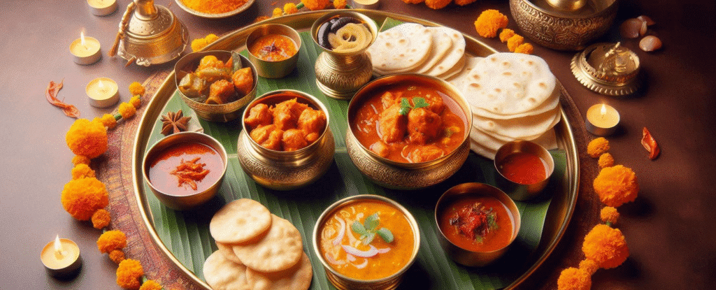 Indian thali with butter chicken, rasam, and undhiyu on banana leaf