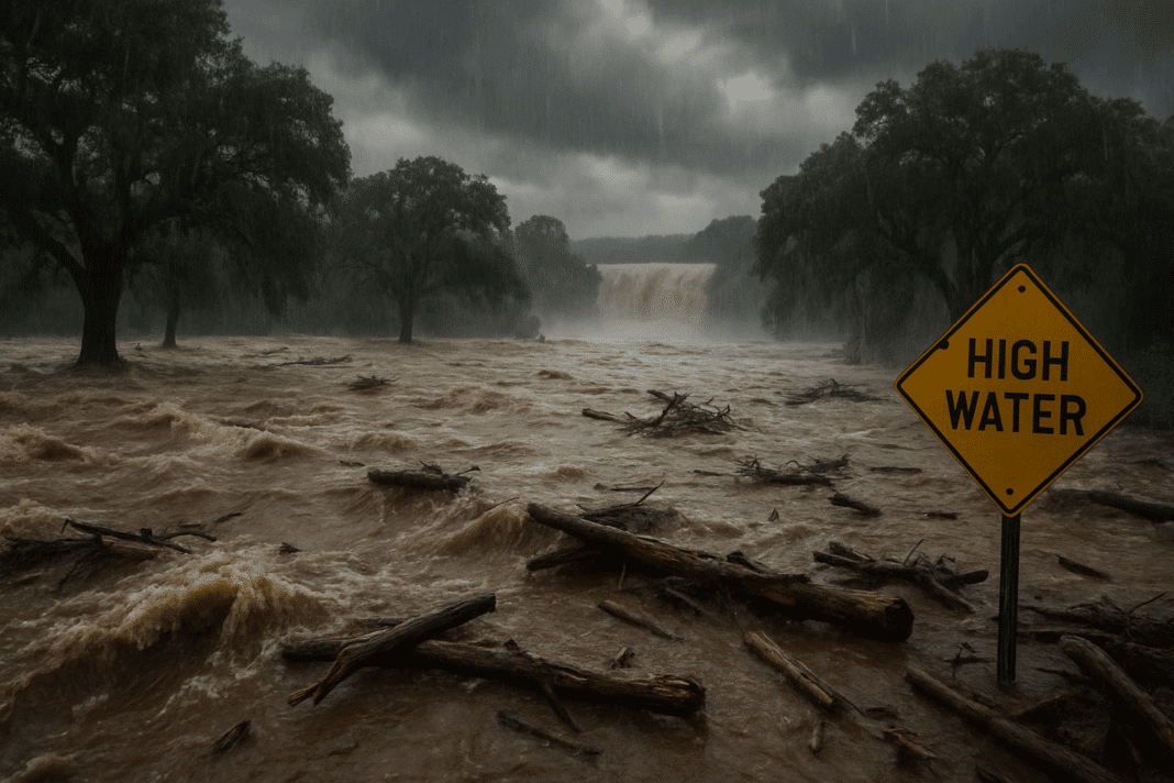 Widespread flooding submerges roads, homes, and landscapes during an extreme weather event
