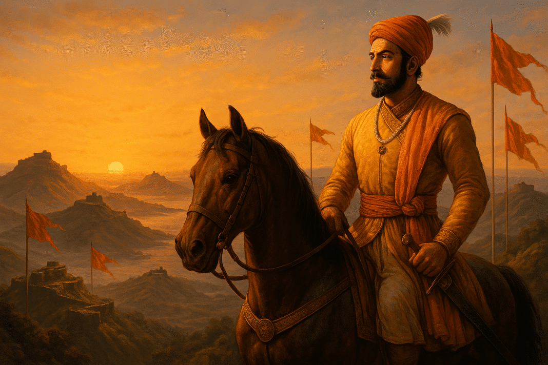 Panoramic view of 12 Maratha forts with silhouette of Chhatrapati Shivaji Maharaj on horseback at sunrise, symbolizing UNESCO World Heritage recognition