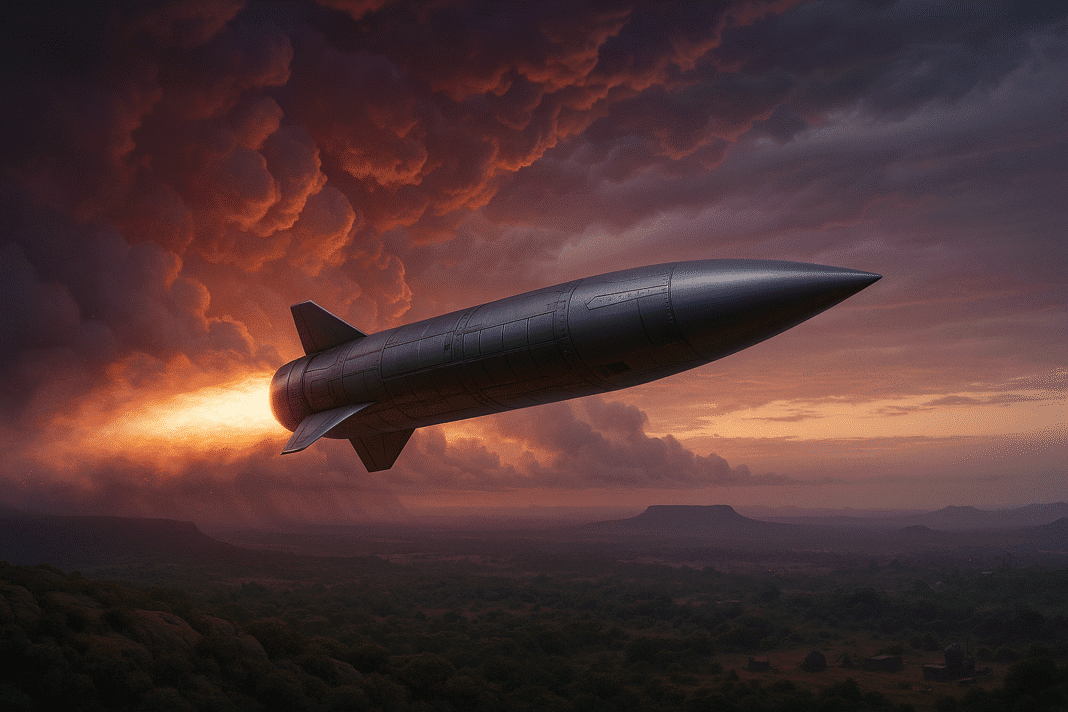 Hyperrealistic AI-generated image of an advanced hypersonic ET-LDHCM missile in high-speed flight above a dramatic Indian plateau landscape, showcasing military technology and strategic dominance .