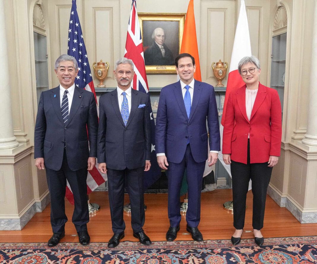 S Jaishankar with Quad Foreign Ministers Marco Rubio, Takeshi Iwaya, and Penny Wong at the 2025 Quad Meeting in Washington