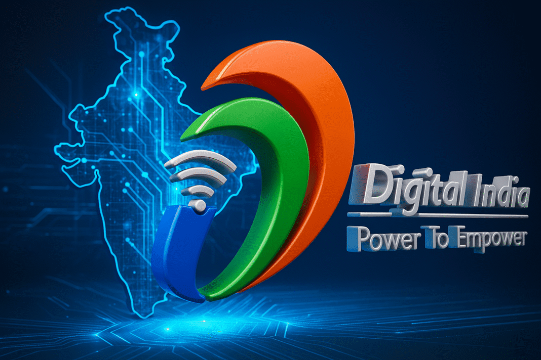 Digital India 10-year journey infographic showcasing broadband growth, UPI, AI, and BharatNet milestones”