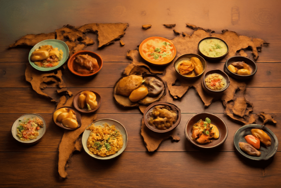 A world map-themed table showcasing iconic dishes from global cuisines including Thai, Italian, Indian, Mexican, Japanese, and more.