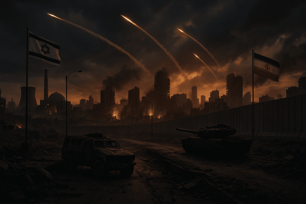 Hyper-realistic image of a missile conflict zone in the Middle East, showing smoke, fire, and destruction between two opposing sides symbolized by Israeli and Iranian flags—depicting the escalating 2025 conflict without any human presence.