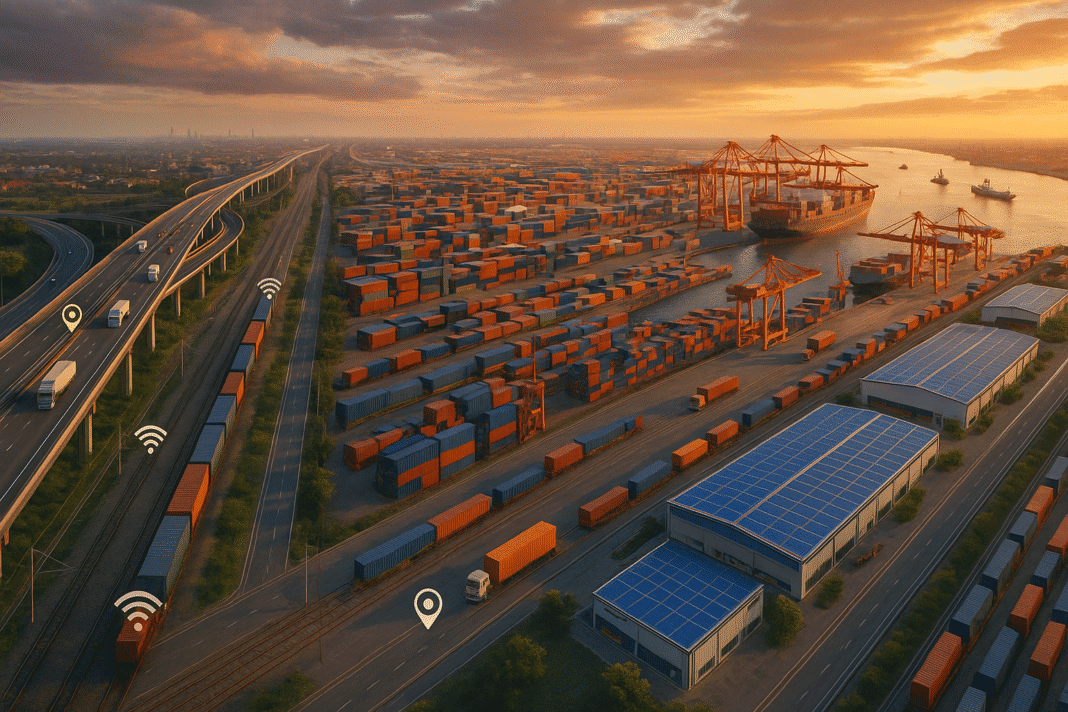 India’s Bold Push for logistic infrastructure through cost reduction strategy, featuring highways, DFC rail, port terminals, and warehouses.