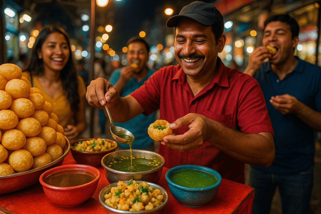 Mumbai street food stalls serving Vada Pav, Pav Bhaji, and Pani Puri on a busy evening