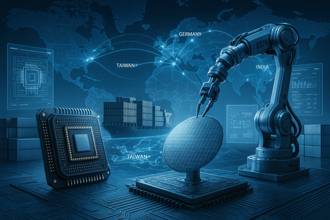 Chip manufacturing supply chain challenges in 2025 with global semiconductor factory illustration