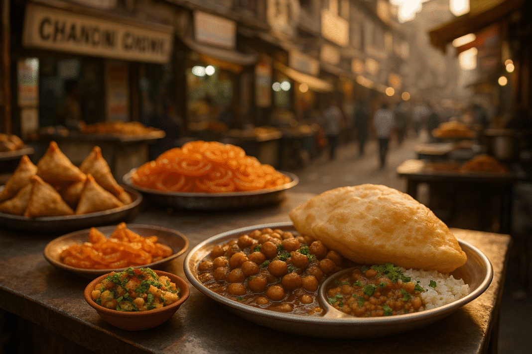 Hyper-realistic photo of Old Delhi street food bazaar with chole bhature, samosas, jalebi, and spicy chaat in steel and clay plates, with Chandni Chowk backdrop.