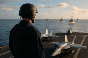 Sailor stands on aircraft carrier deck during Indo-Pacific deployment, with allied warships and helicopters in formation at sea.