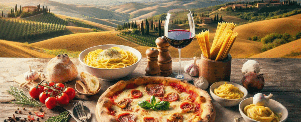 Authentic Italian meal with pizza, carbonara, and risotto in rustic setting