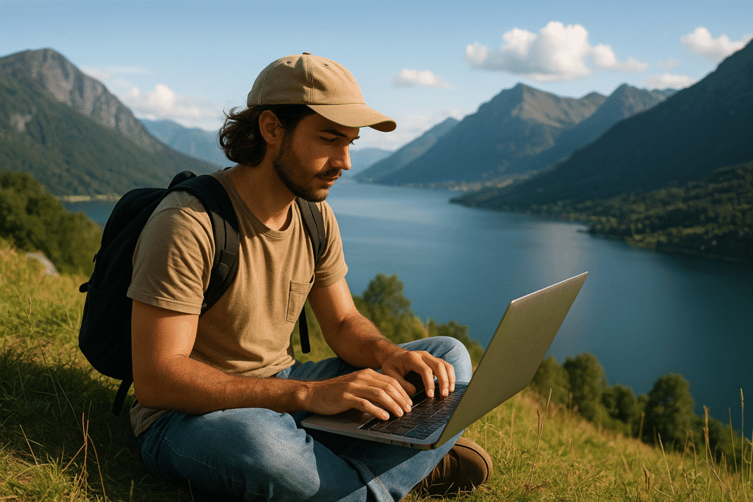A traveler with a backpack using a laptop outdoors near a scenic mountain lake