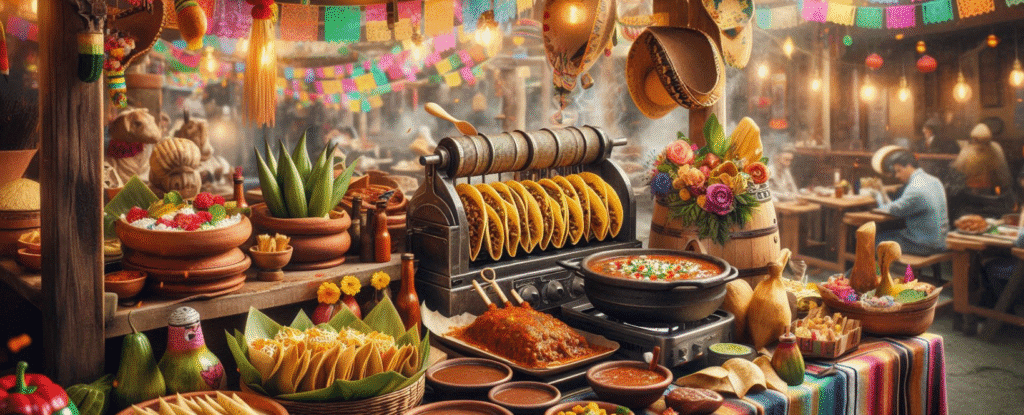 Tacos al Pastor, tamales, and mole in a vibrant Mexican market