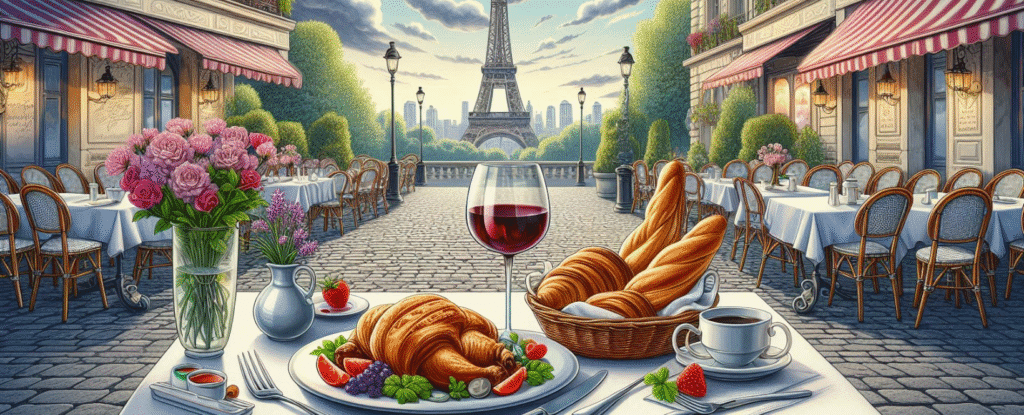 French café table with croissant, coq au vin, and baguette