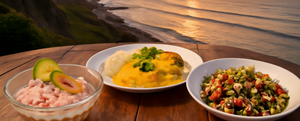Peruvian ceviche, Aji de Gallina, and quinoa salad