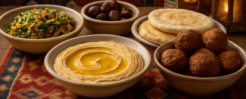 Mezze platter with hummus, falafel, and tabbouleh