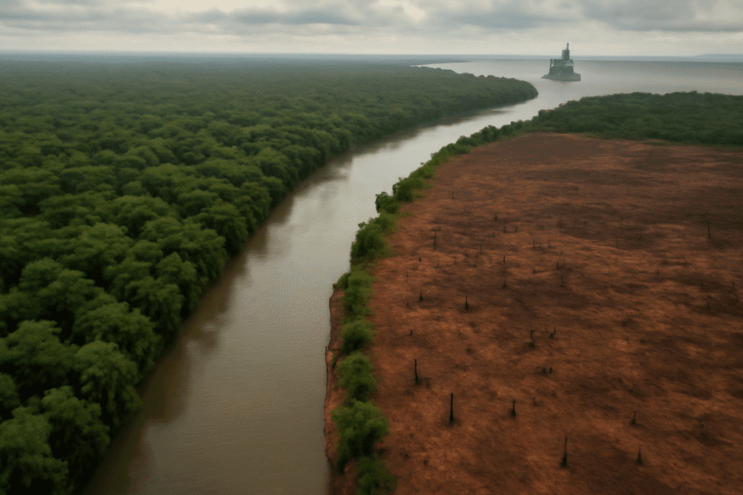Aerial view showing the contrast between lush Amazon rainforest and deforested land, with an offshore oil rig in the distance.