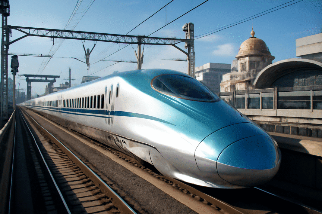 Hyper-realistic image of a futuristic Shinkansen bullet train on an elevated track, with a Japanese torii gate and an Indian dome structure in the background, symbolizing Indo-Japanese collaboration in high-speed rail technology.