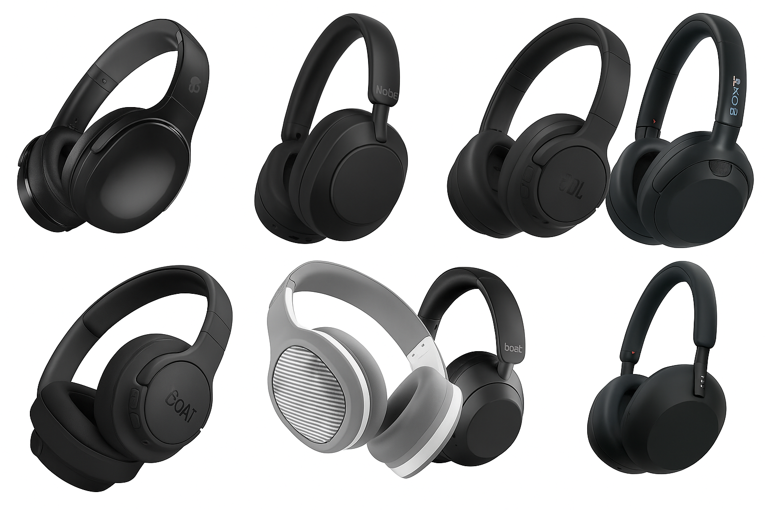 Seven top wireless over-ear headphones in India 2025, including models from boAt, JBL, Noise, Sony, and Skullcandy in black and grey designs.