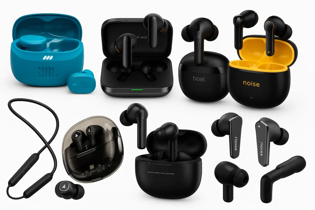 Top TWS earbuds models including JBL Tune Buds 2, boAt Rockerz 245 v2 Pro, Noise Buds N1, and more, arranged neatly with white background.