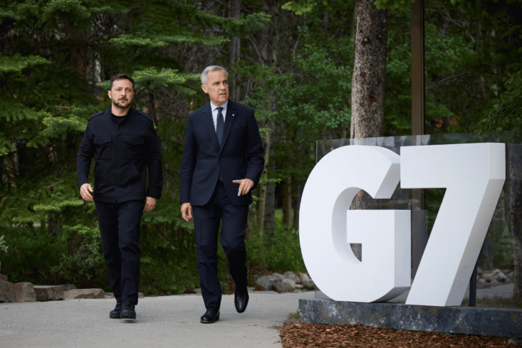 Prime Minister Mark Carney and President Volodymyr Zelenskyy in discussion during the G7 Summit in Kananaskis, Alberta.