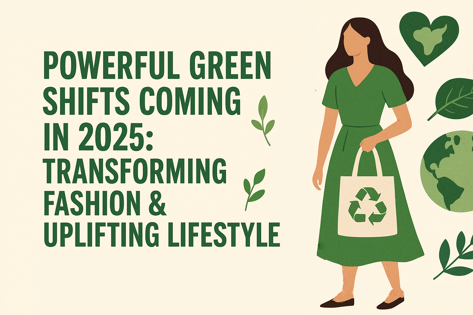 Illustration of a woman in a green dress holding a reusable tote bag with a recycling symbol, surrounded by eco-themed icons and the text: 