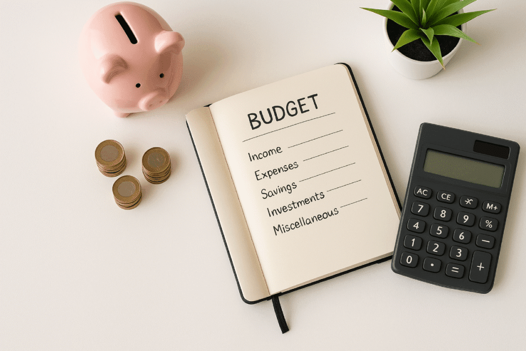 A flat lay of personal budgeting essentials including a pink piggy bank, stacks of coins, a notebook with budget categories, a calculator, and a small potted plant.