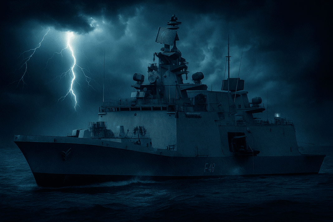 INS Tamal showcasing India’s frontline stealth capability amidst hostile conditions, reinforcing blue-water dominance and Indo-Russian naval synergy.