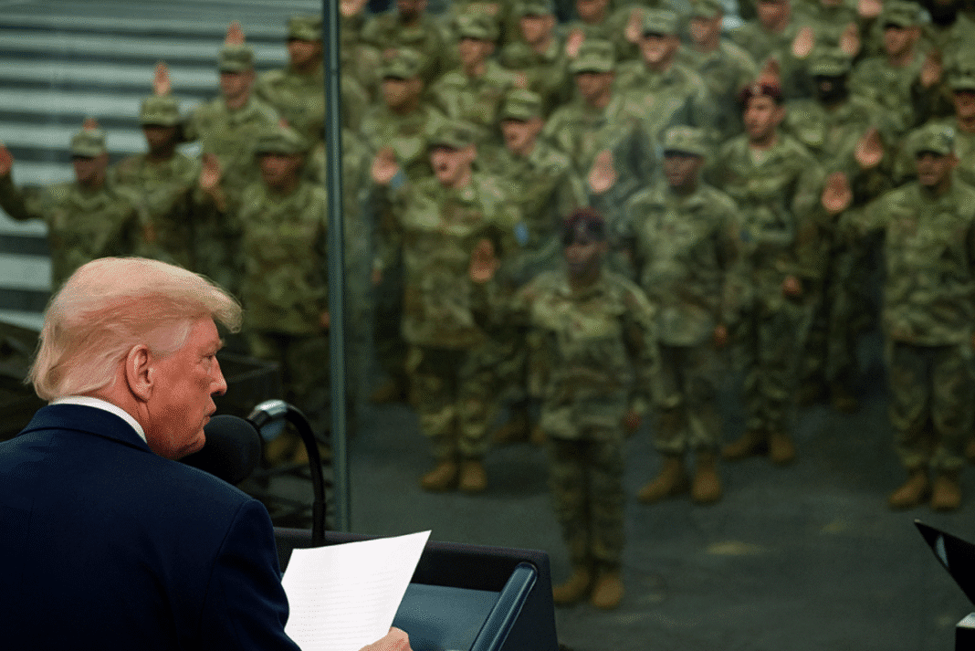 President Trump addressing a officers and patriotic crowd during the U.S. Army’s 250th anniversary celebration in Washington D.C.