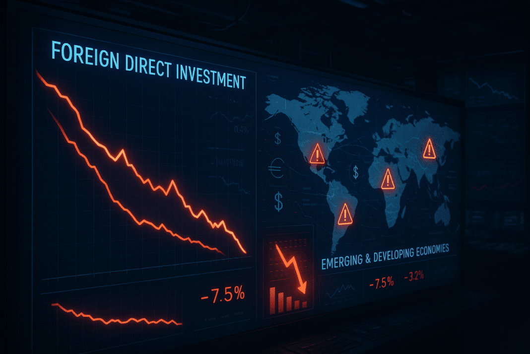 Digital world map showing warning signs over developing regions and a downward trend graph titled 