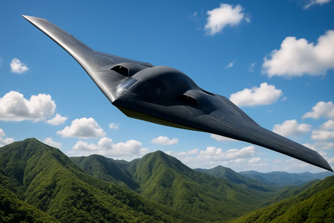 B-2 Spirit stealth bomber flying above a mountainous landscape, showcasing its iconic flying-wing design and low radar signature.