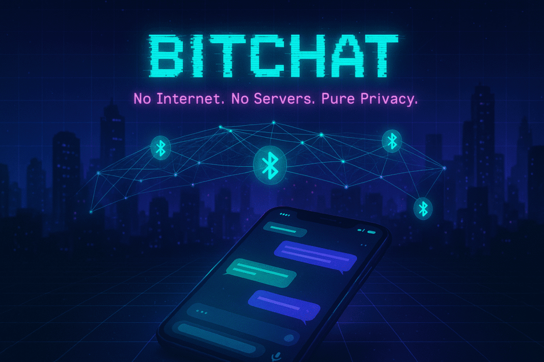 A dark-themed futuristic cityscape glowing in violet and blue, with a smartphone screen showing a neon chat interface. Floating mesh lines and Bluetooth icons connect devices in a peer-to-peer network, highlighting BitChat’s offline encrypted messaging concept. The words 'BitChat' appear in neon terminal font above the phone.