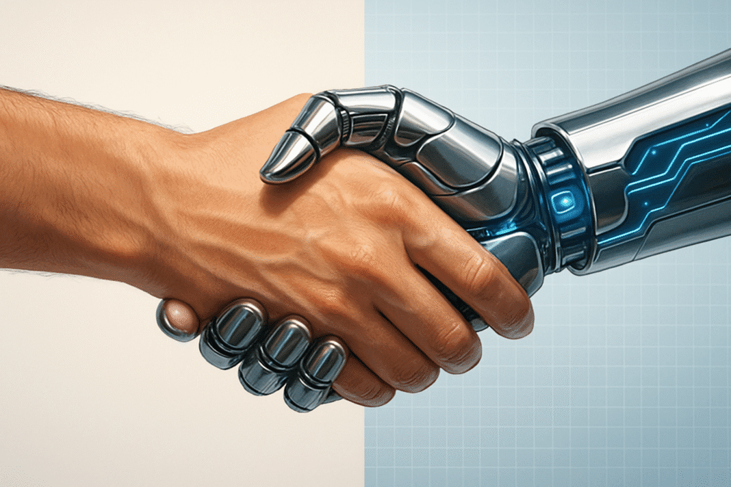 Split-screen image of a human hand and robotic hand shaking, symbolizing collaboration between humans and AI