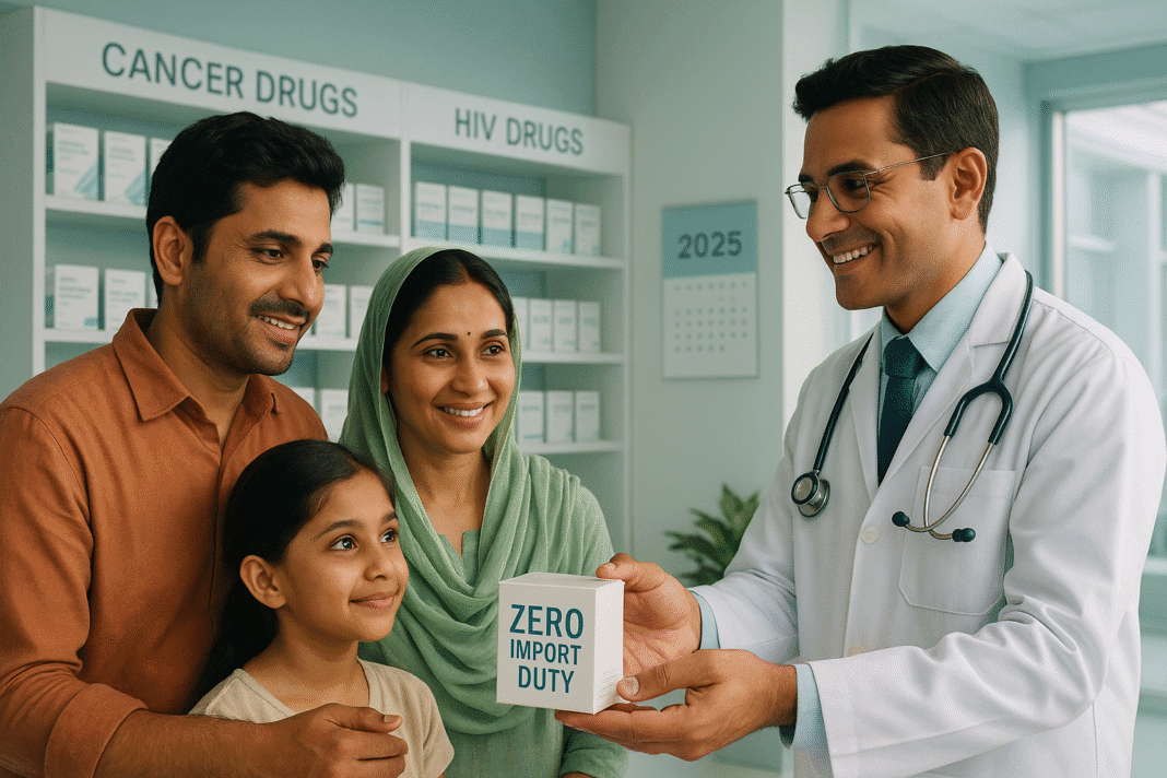 A hopeful Indian family receiving affordable life-saving medicines from a doctor in a modern hospital, symbolizing India’s customs duty reform for cancer and HIV drugs.