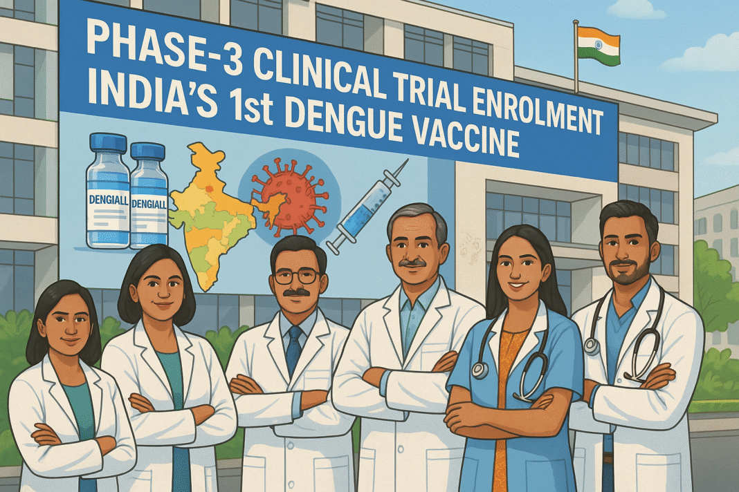 Scientists and healthcare professionals launch Phase-3 clinical trial enrolment for India’s first indigenous dengue vaccine, DengiAll, at a modern research facility with Indian cultural elements and a map highlighting trial locations.