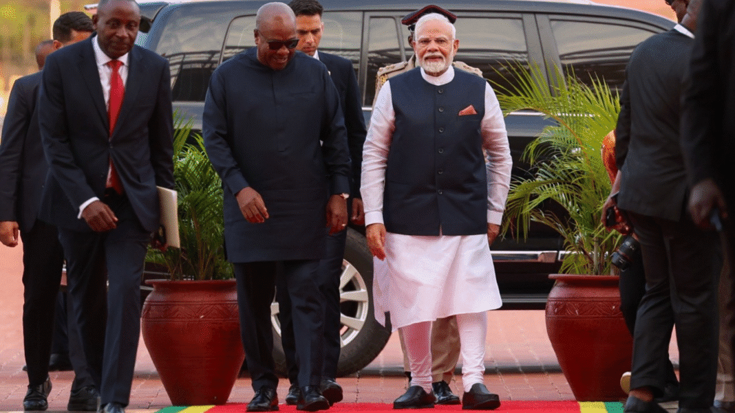 Prime Minister Narendra Modi’s 2025 State Visit to Ghana highlighting India-Ghana Comprehensive Partnership, trade growth, development cooperation, and Global South collaboration.