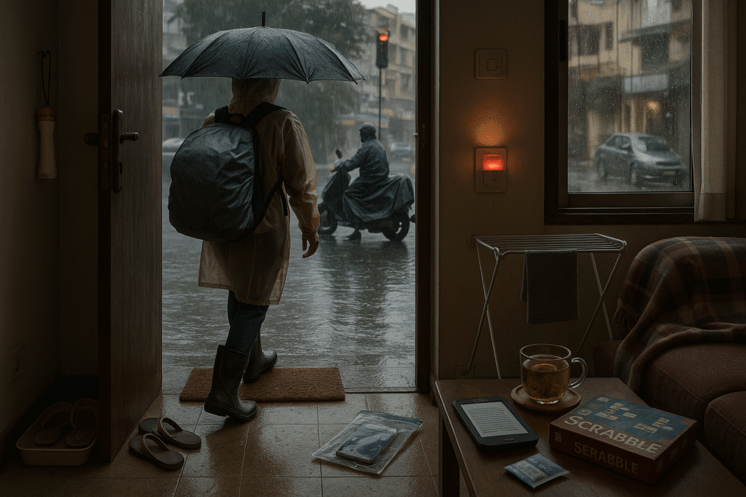 Person wearing raincoat and gumboots walking on wet urban street holding an umbrella, with waterproof backpack — monsoon commute setup in India