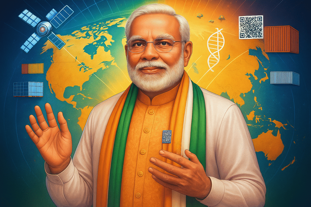 Prime Minister Narendra Modi illustrated at the center of a glowing world map connecting India to Namibia, Brazil, Trinidad & Tobago, Ghana, and Argentina, surrounded by icons of trade, technology, and clean energy.
