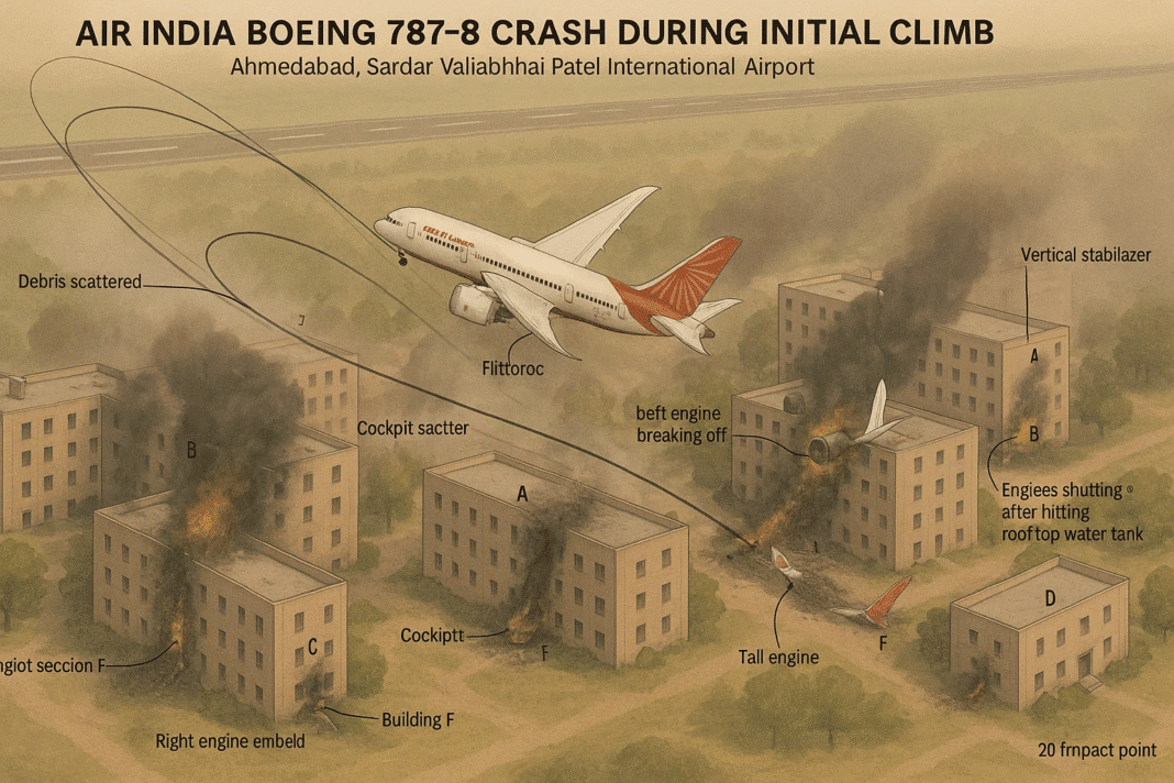 A semi-realistic 3D illustration showing the crash sequence of Air India Flight AI171, Boeing 787-8 VT-ANB, after takeoff from Ahmedabad. The aircraft is depicted mid-descent with deployed Ram Air Turbine (RAT), engines separated, and multiple buildings impacted across the BJ Medical College hostel complex.