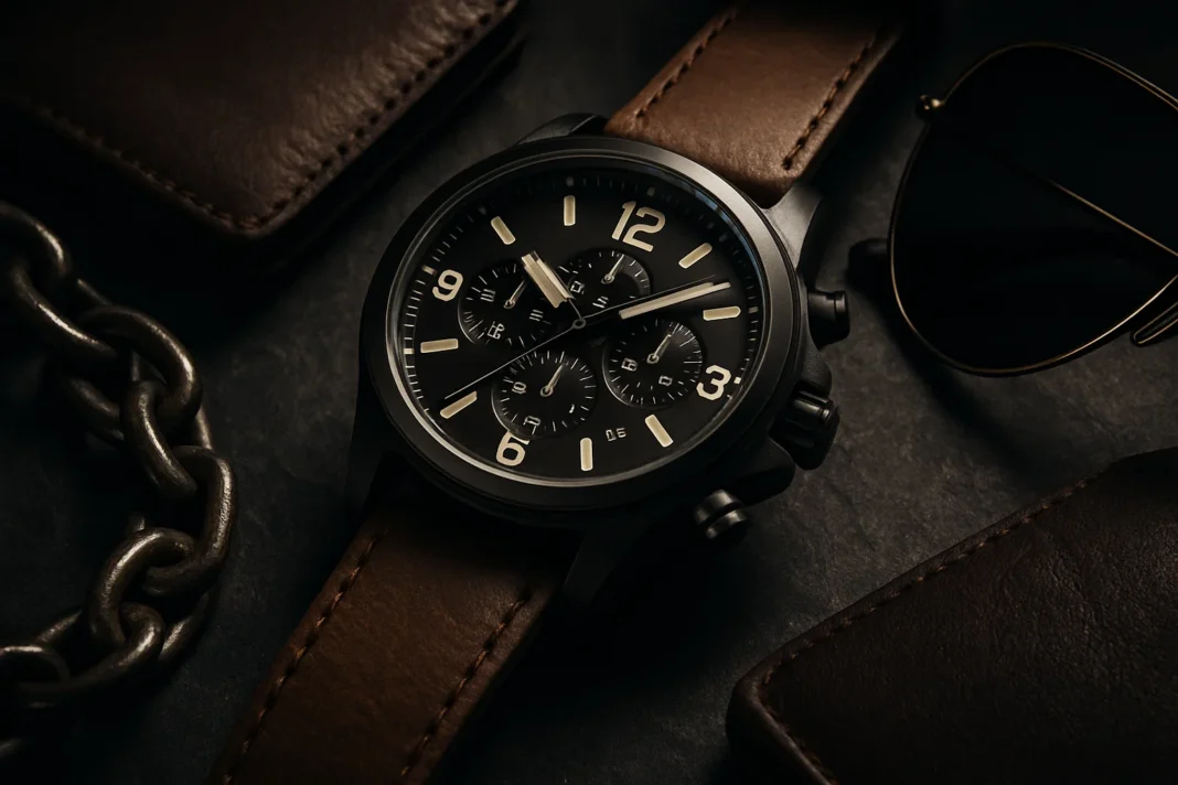 Close-up of a bold men’s watch with a metallic strap and detailed dial, resting on a rugged dark stone surface with dramatic lighting and masculine accessories nearby.
