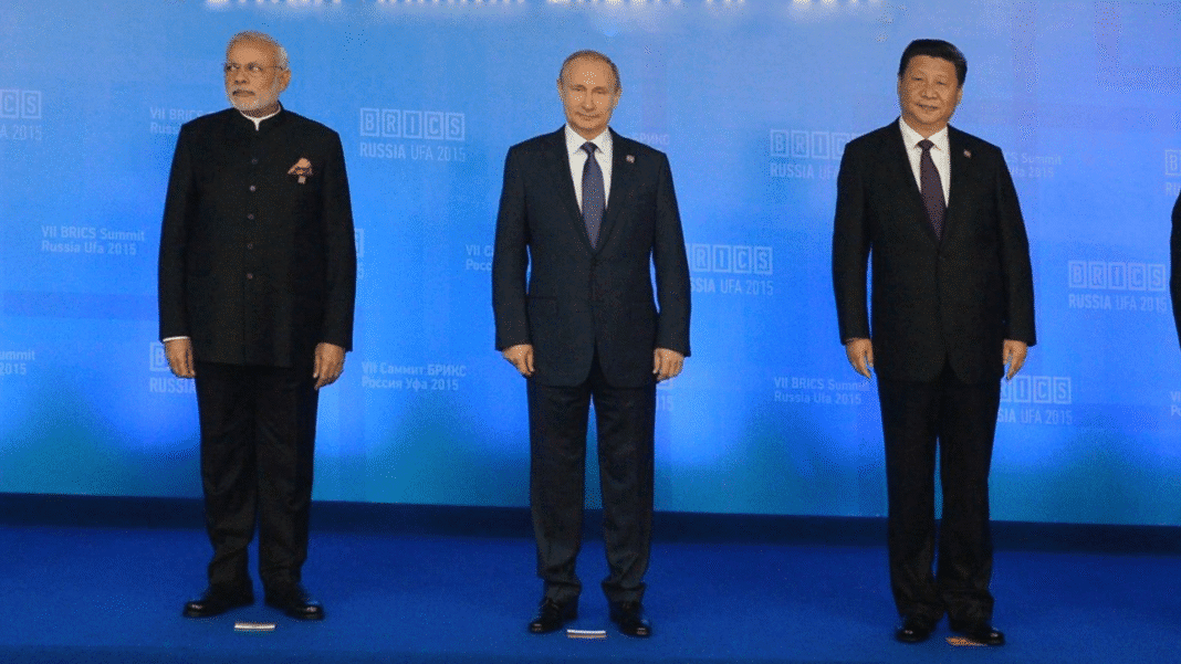 India at the center of a strategic triangle with Russia and China, symbolizing emerging geopolitical Trilateral alliances and South Asia’s shifting power dynamics.
